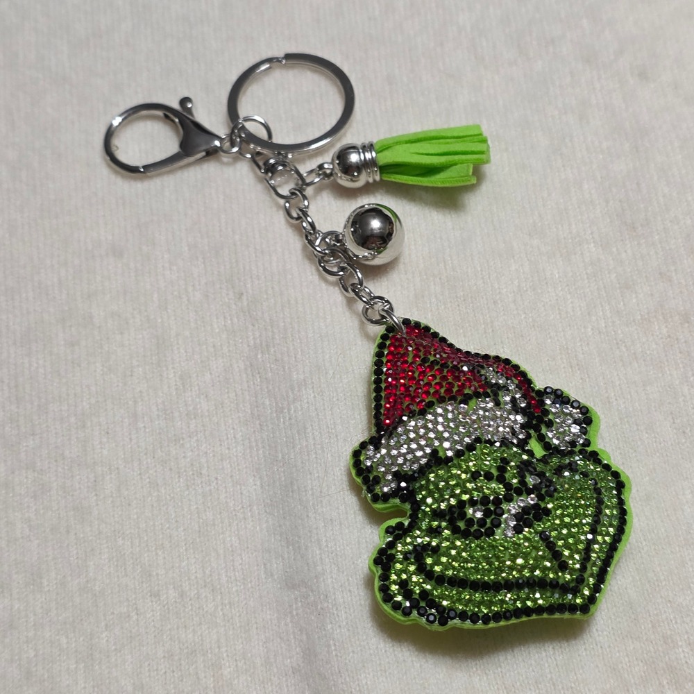 Green Holiday Character Rhinestone Keychain Tassel Jingle Bell Bag Charm Bling